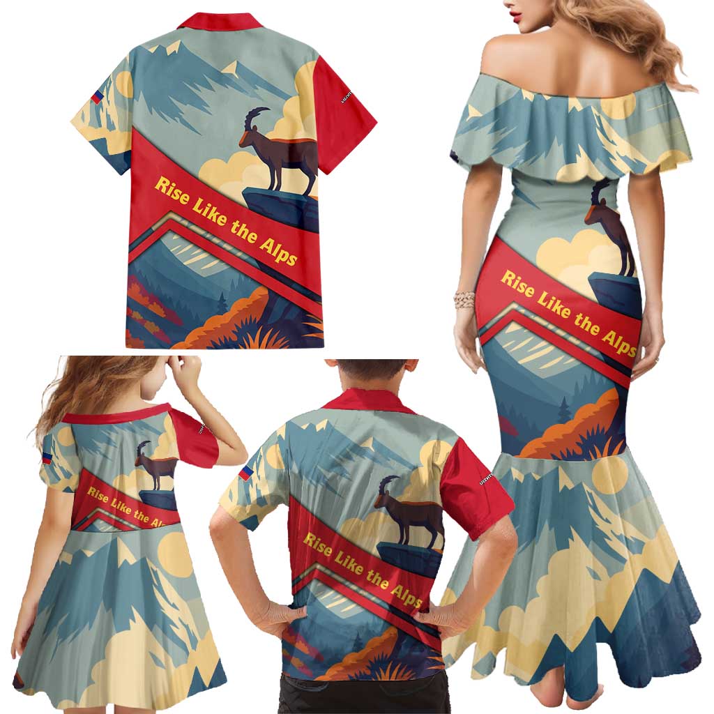 Liechtenstein Family Matching Mermaid Dress and Hawaiian Shirt with Mountain Goat Landscape Design and Red Blue Alps - Wonder Print Shop