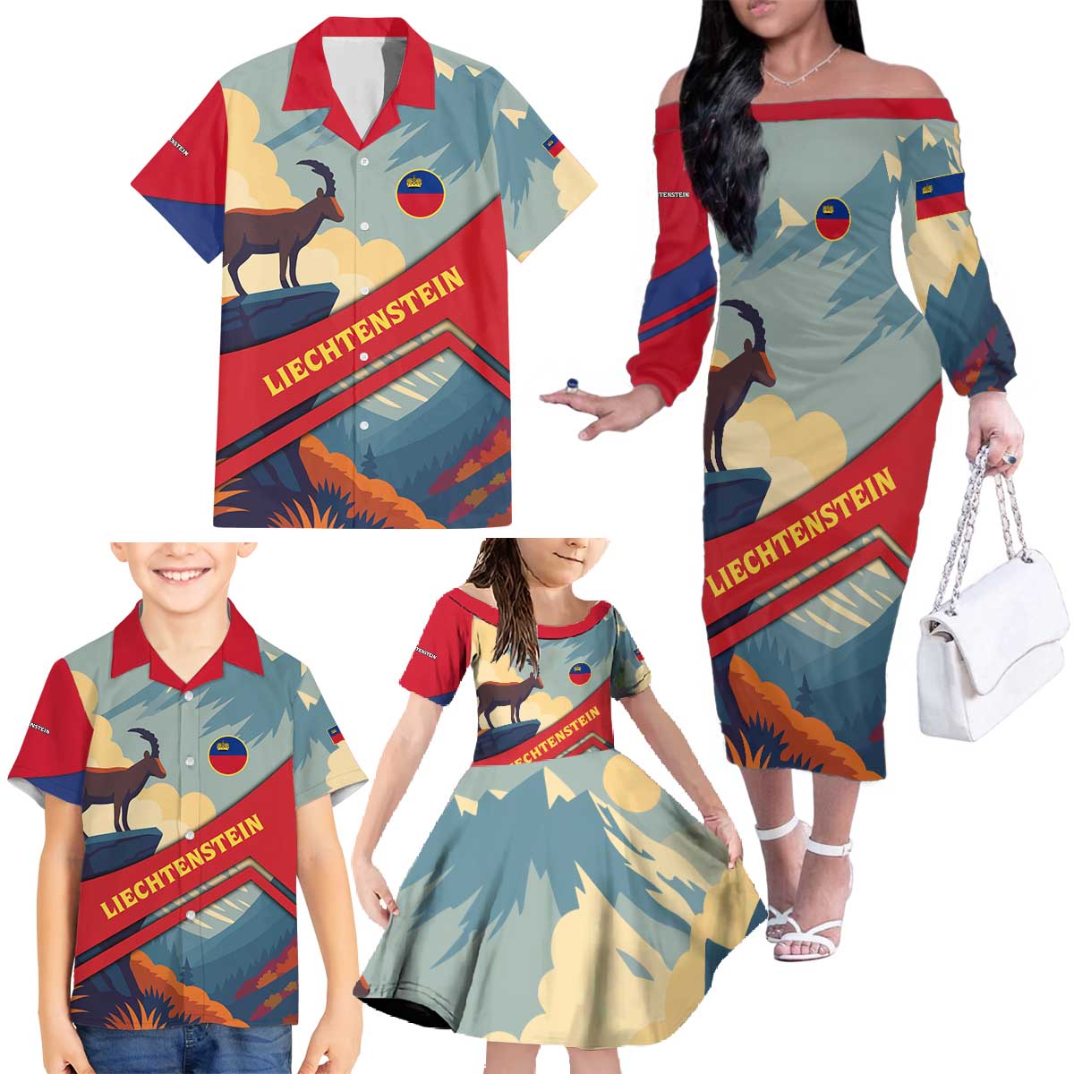 Liechtenstein Family Matching Off The Shoulder Long Sleeve Dress and Hawaiian Shirt with Mountain Goat Landscape Design and Red Blue Alps - Wonder Print Shop