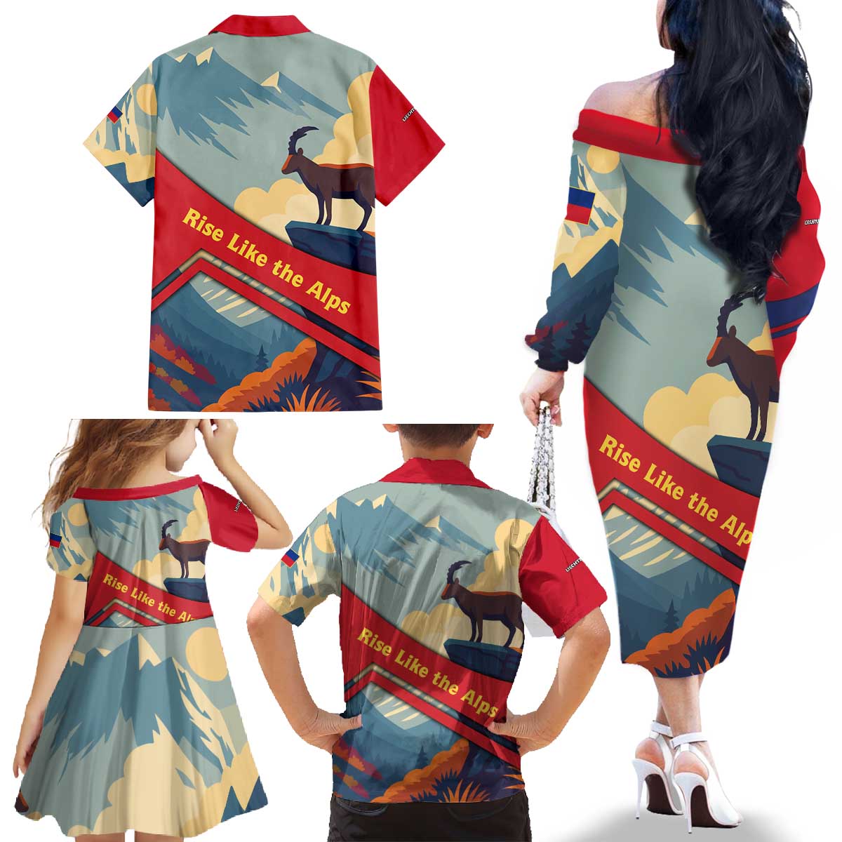 Liechtenstein Family Matching Off The Shoulder Long Sleeve Dress and Hawaiian Shirt with Mountain Goat Landscape Design and Red Blue Alps - Wonder Print Shop