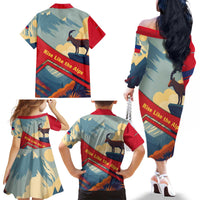 Liechtenstein Family Matching Off The Shoulder Long Sleeve Dress and Hawaiian Shirt with Mountain Goat Landscape Design and Red Blue Alps - Wonder Print Shop