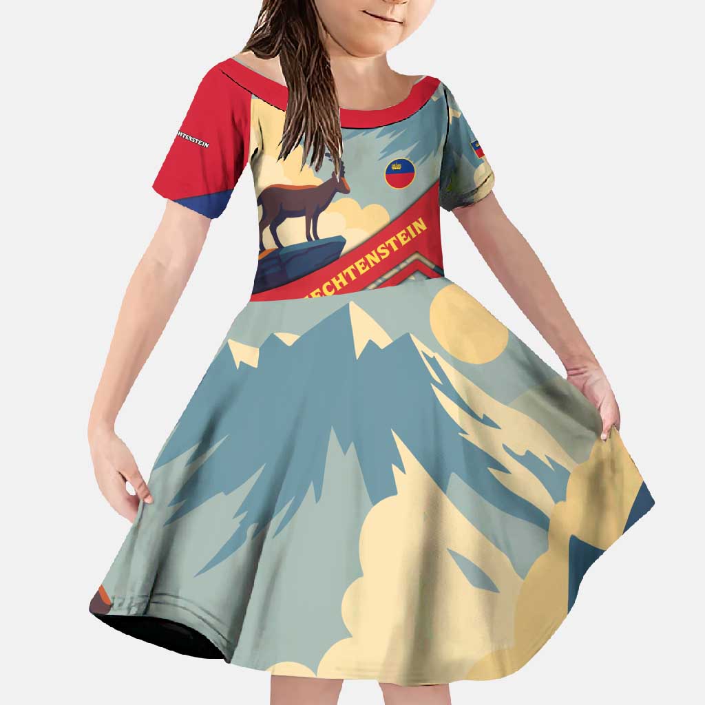 Liechtenstein Family Matching Off Shoulder Maxi Dress and Hawaiian Shirt with Mountain Goat Landscape Design and Red Blue Alps - Wonder Print Shop