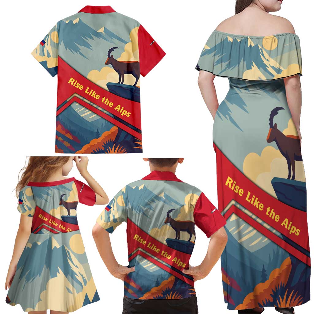 Liechtenstein Family Matching Off Shoulder Maxi Dress and Hawaiian Shirt with Mountain Goat Landscape Design and Red Blue Alps - Wonder Print Shop