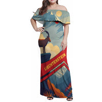 Liechtenstein Family Matching Off Shoulder Maxi Dress and Hawaiian Shirt with Mountain Goat Landscape Design and Red Blue Alps - Wonder Print Shop