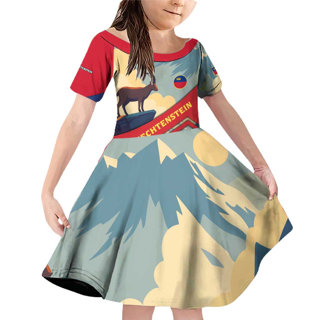 Liechtenstein Family Matching Off Shoulder Short Dress and Hawaiian Shirt with Mountain Goat Landscape Design and Red Blue Alps - Wonder Print Shop