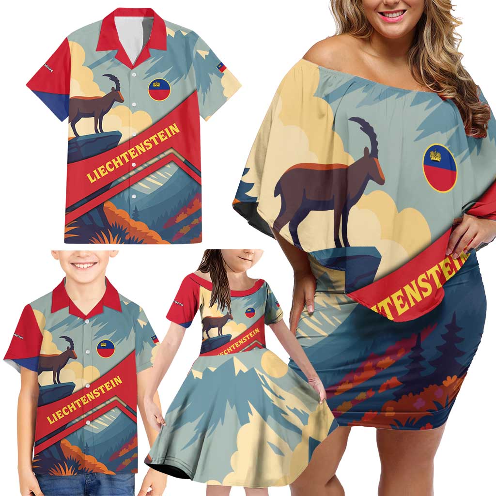 Liechtenstein Family Matching Off Shoulder Short Dress and Hawaiian Shirt with Mountain Goat Landscape Design and Red Blue Alps - Wonder Print Shop