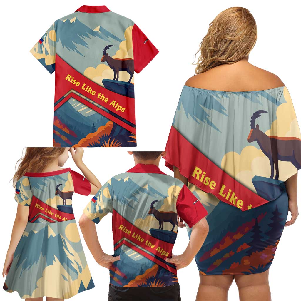Liechtenstein Family Matching Off Shoulder Short Dress and Hawaiian Shirt with Mountain Goat Landscape Design and Red Blue Alps - Wonder Print Shop