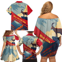 Liechtenstein Family Matching Off Shoulder Short Dress and Hawaiian Shirt with Mountain Goat Landscape Design and Red Blue Alps - Wonder Print Shop