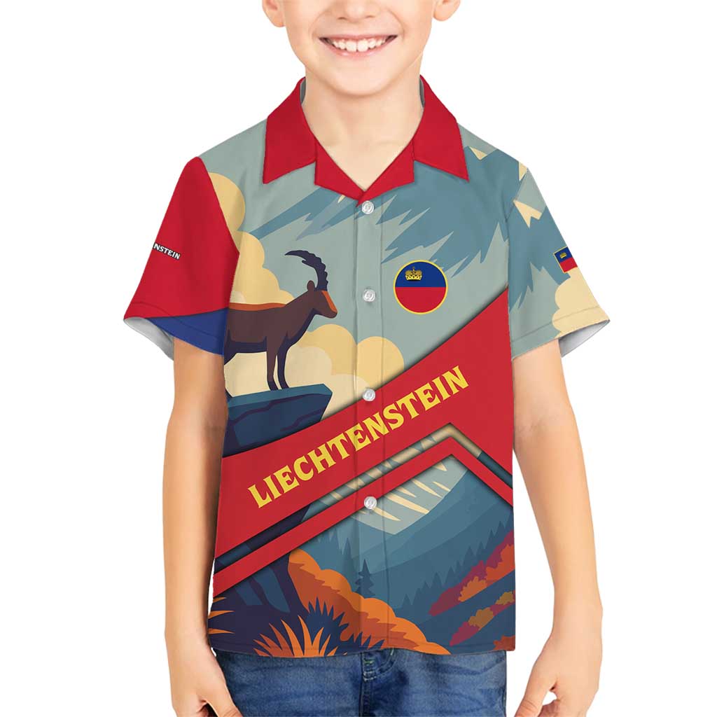 Liechtenstein Family Matching Off Shoulder Short Dress and Hawaiian Shirt with Mountain Goat Landscape Design and Red Blue Alps - Wonder Print Shop