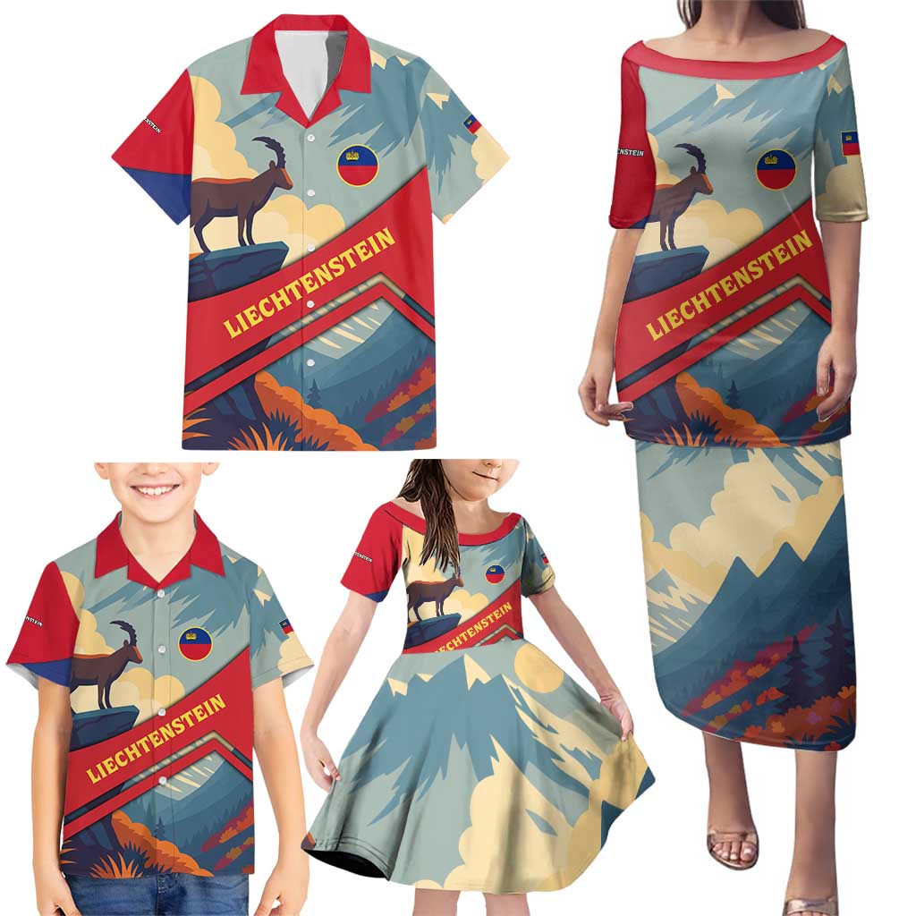 Liechtenstein Family Matching Puletasi and Hawaiian Shirt with Mountain Goat Landscape Design and Red Blue Alps - Wonder Print Shop