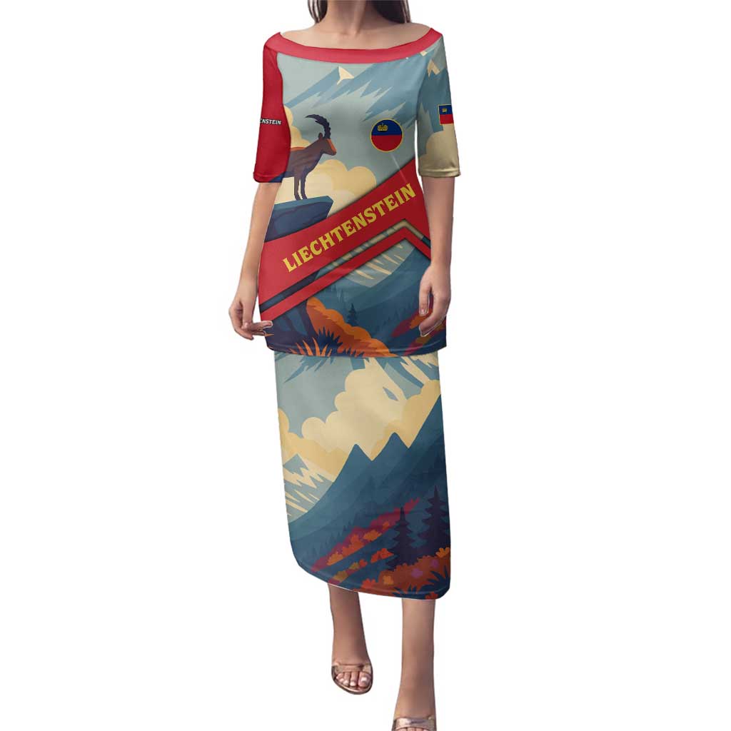 Liechtenstein Family Matching Puletasi and Hawaiian Shirt with Mountain Goat Landscape Design and Red Blue Alps - Wonder Print Shop