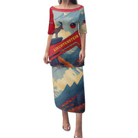 Liechtenstein Family Matching Puletasi and Hawaiian Shirt with Mountain Goat Landscape Design and Red Blue Alps - Wonder Print Shop