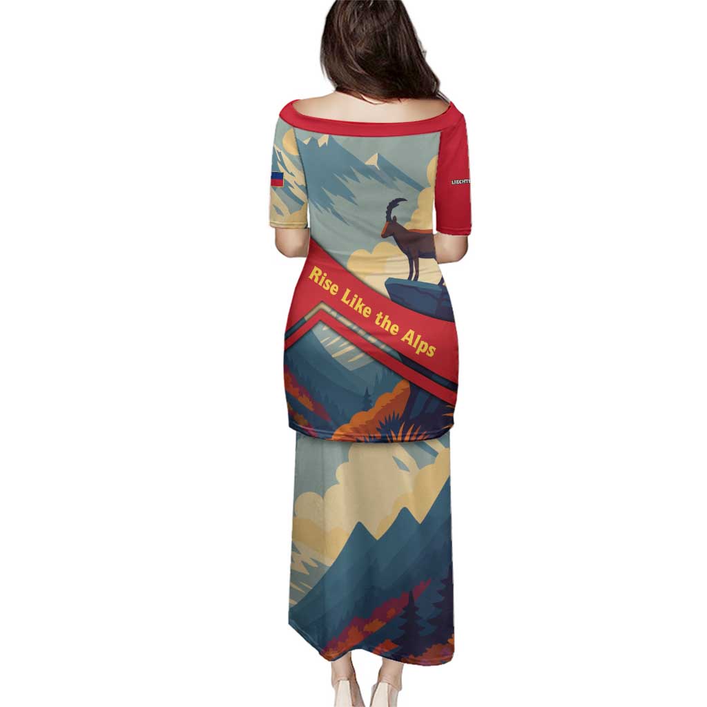 Liechtenstein Family Matching Puletasi and Hawaiian Shirt with Mountain Goat Landscape Design and Red Blue Alps - Wonder Print Shop