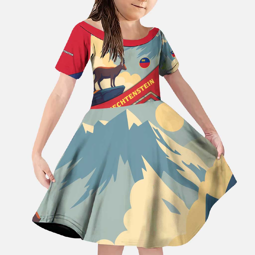 Liechtenstein Family Matching Short Sleeve Bodycon Dress and Hawaiian Shirt with Mountain Goat Landscape Design and Red Blue Alps - Wonder Print Shop