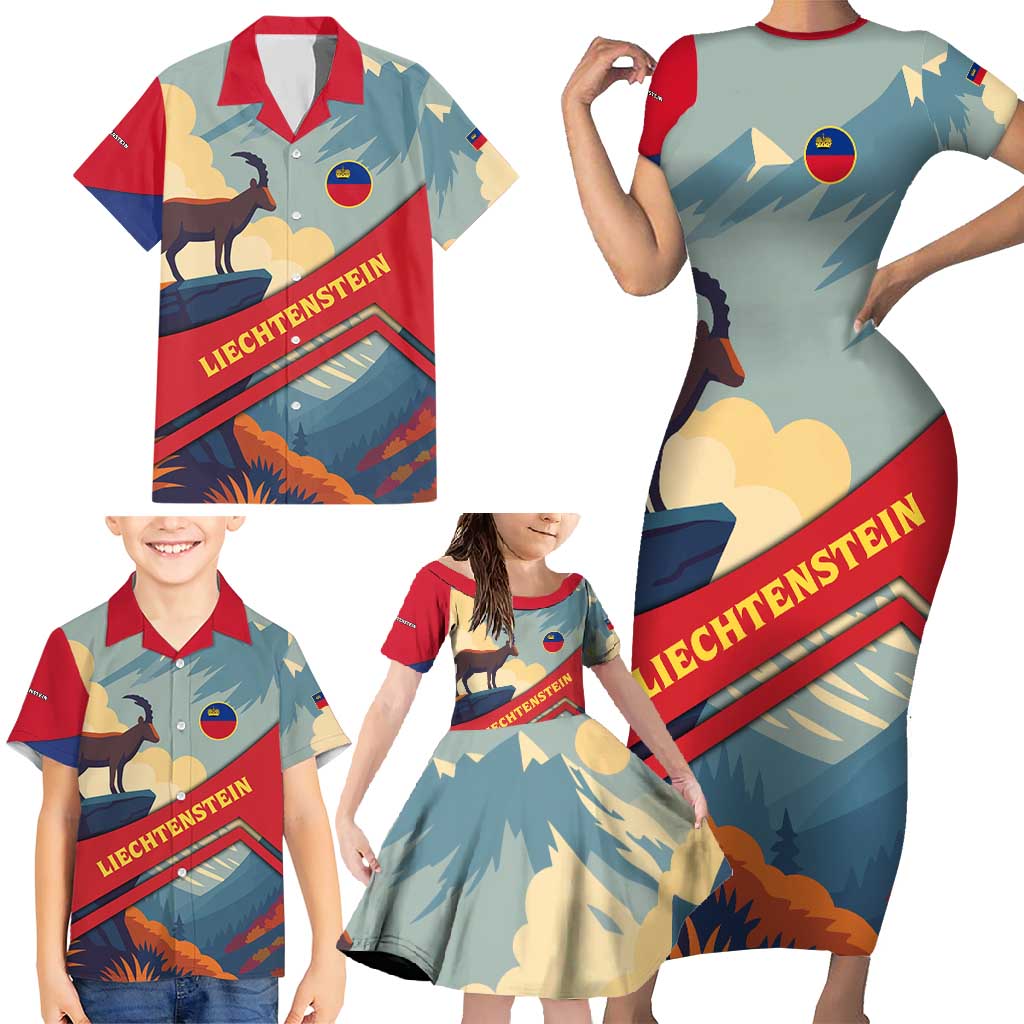 Liechtenstein Family Matching Short Sleeve Bodycon Dress and Hawaiian Shirt with Mountain Goat Landscape Design and Red Blue Alps - Wonder Print Shop