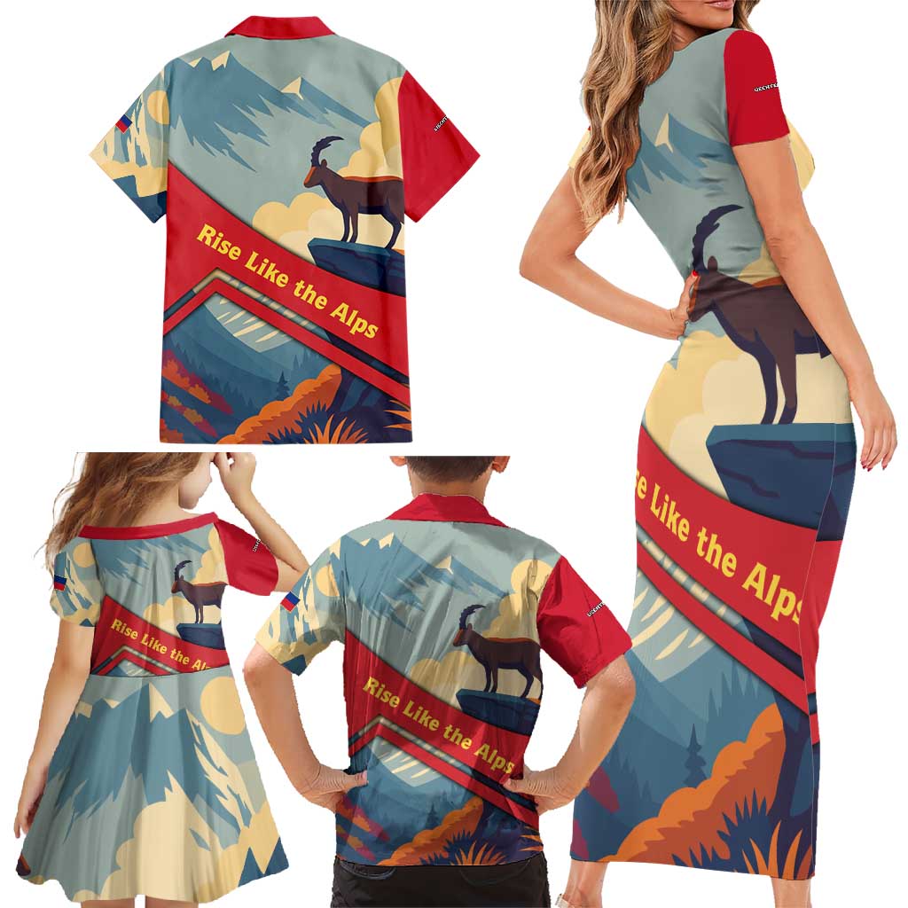 Liechtenstein Family Matching Short Sleeve Bodycon Dress and Hawaiian Shirt with Mountain Goat Landscape Design and Red Blue Alps - Wonder Print Shop