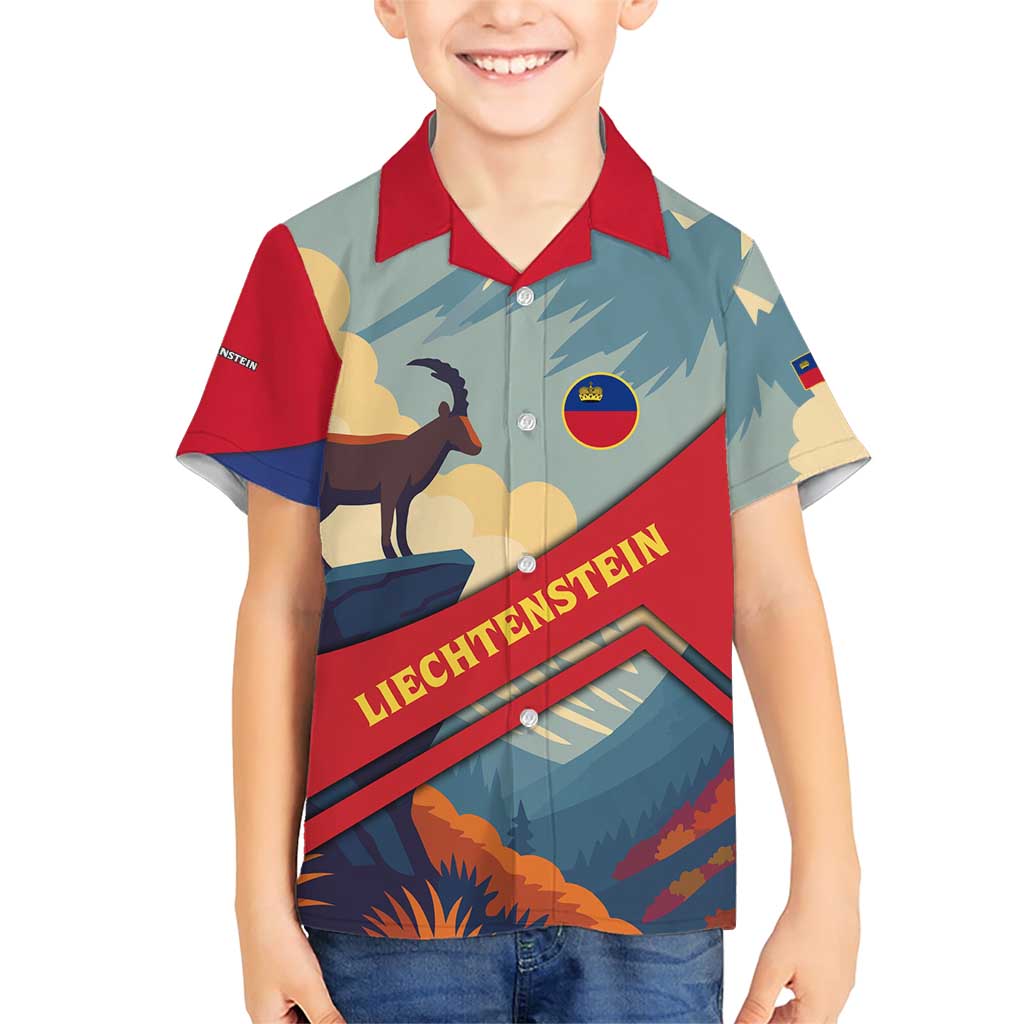 Liechtenstein Family Matching Short Sleeve Bodycon Dress and Hawaiian Shirt with Mountain Goat Landscape Design and Red Blue Alps - Wonder Print Shop