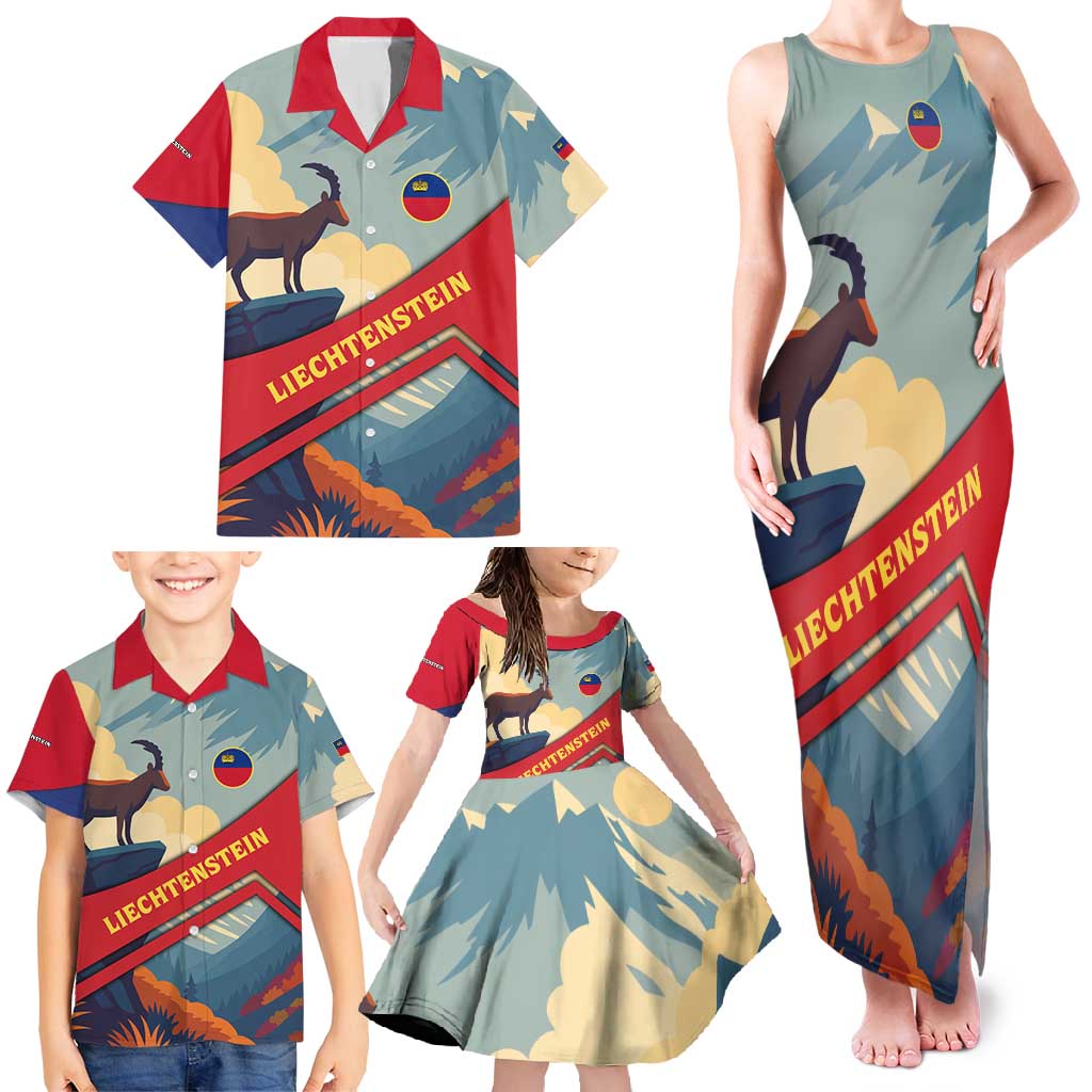 Liechtenstein Family Matching Tank Maxi Dress and Hawaiian Shirt with Mountain Goat Landscape Design and Red Blue Alps - Wonder Print Shop