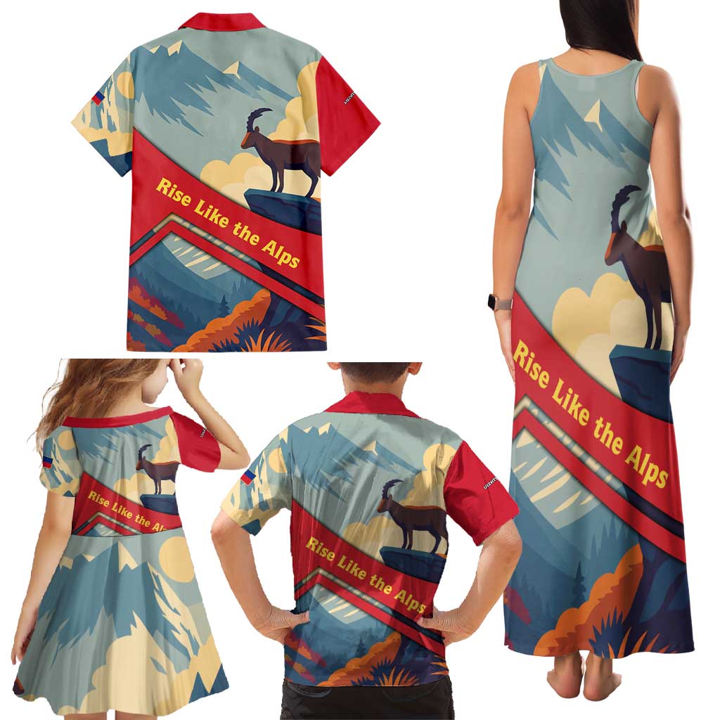 Liechtenstein Family Matching Tank Maxi Dress and Hawaiian Shirt with Mountain Goat Landscape Design and Red Blue Alps - Wonder Print Shop