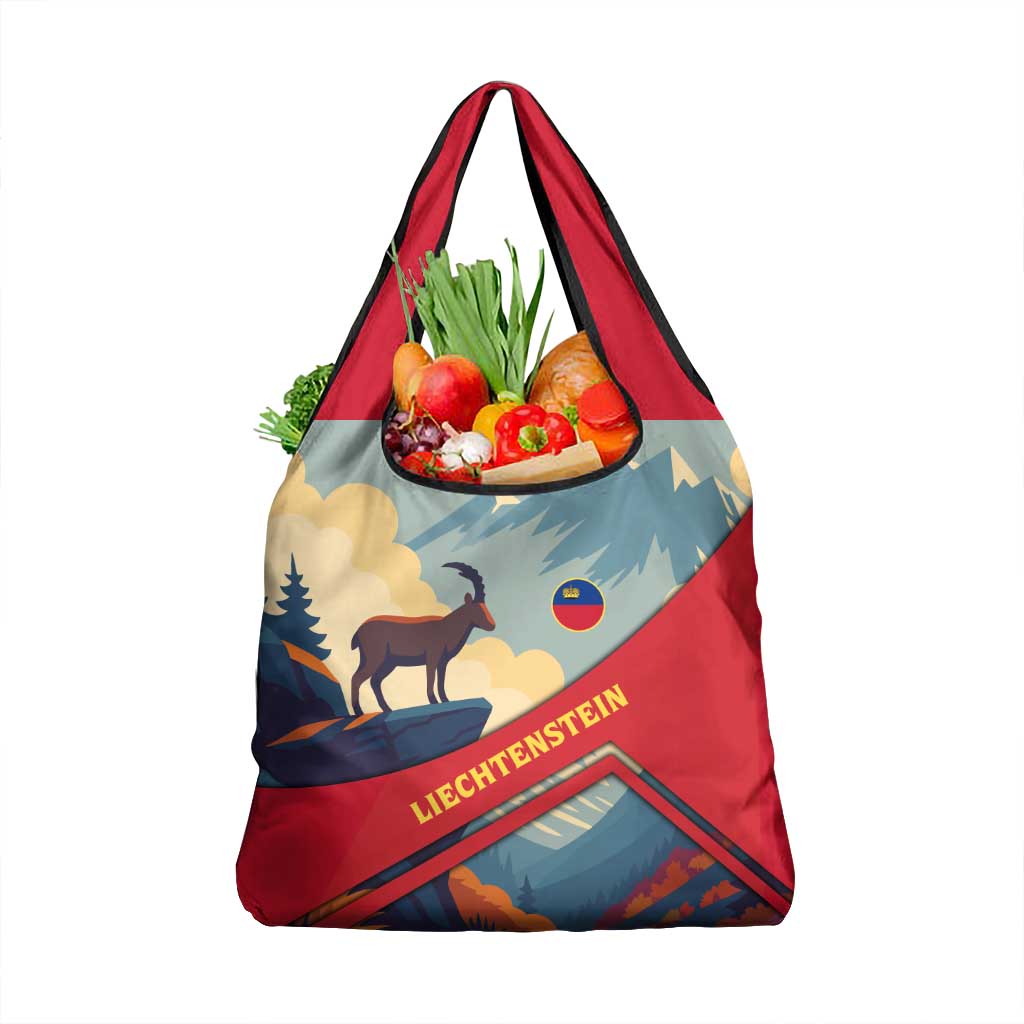 Liechtenstein Grocery Bag with Mountain Goat Landscape Design and Red Blue Alps - Wonder Print Shop