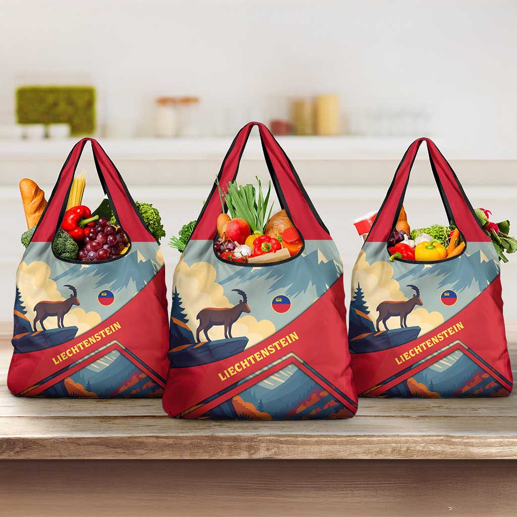 Liechtenstein Grocery Bag with Mountain Goat Landscape Design and Red Blue Alps - Wonder Print Shop