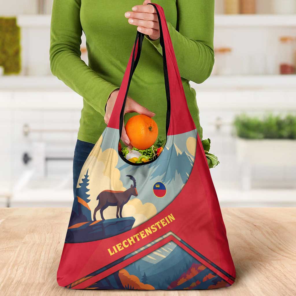 Liechtenstein Grocery Bag with Mountain Goat Landscape Design and Red Blue Alps - Wonder Print Shop