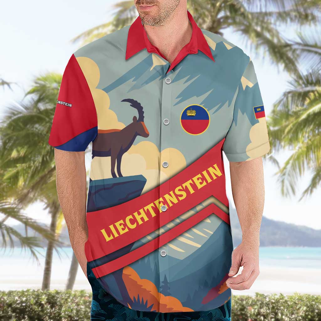 Liechtenstein Hawaiian Shirt with Mountain Goat Landscape Design and Red Blue Alps - Wonder Print Shop