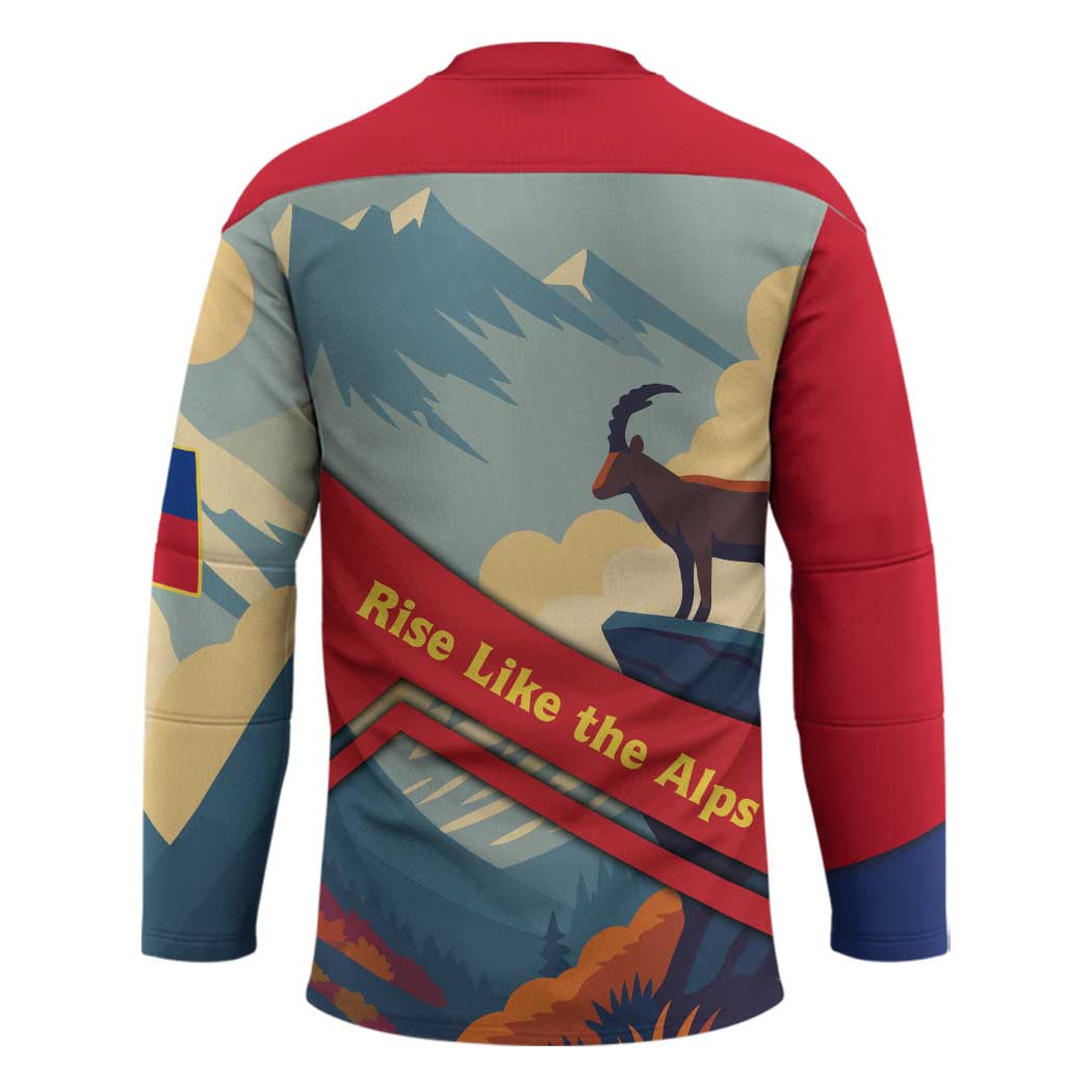 Liechtenstein Hockey Jersey with Mountain Goat Landscape Design and Red Blue Alps - Wonder Print Shop
