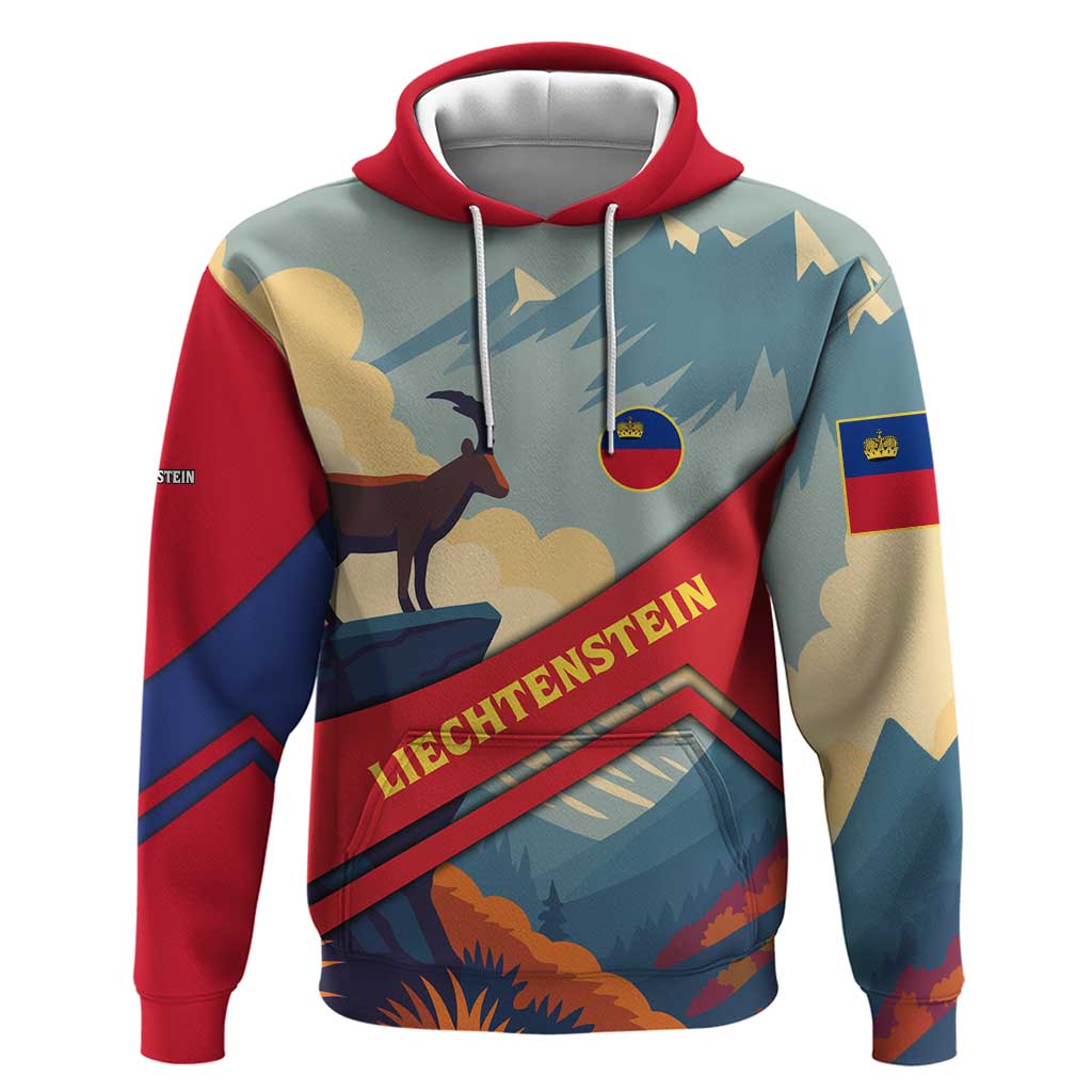 Liechtenstein Hoodie with Mountain Goat Landscape Design and Red Blue Alps - Wonder Print Shop