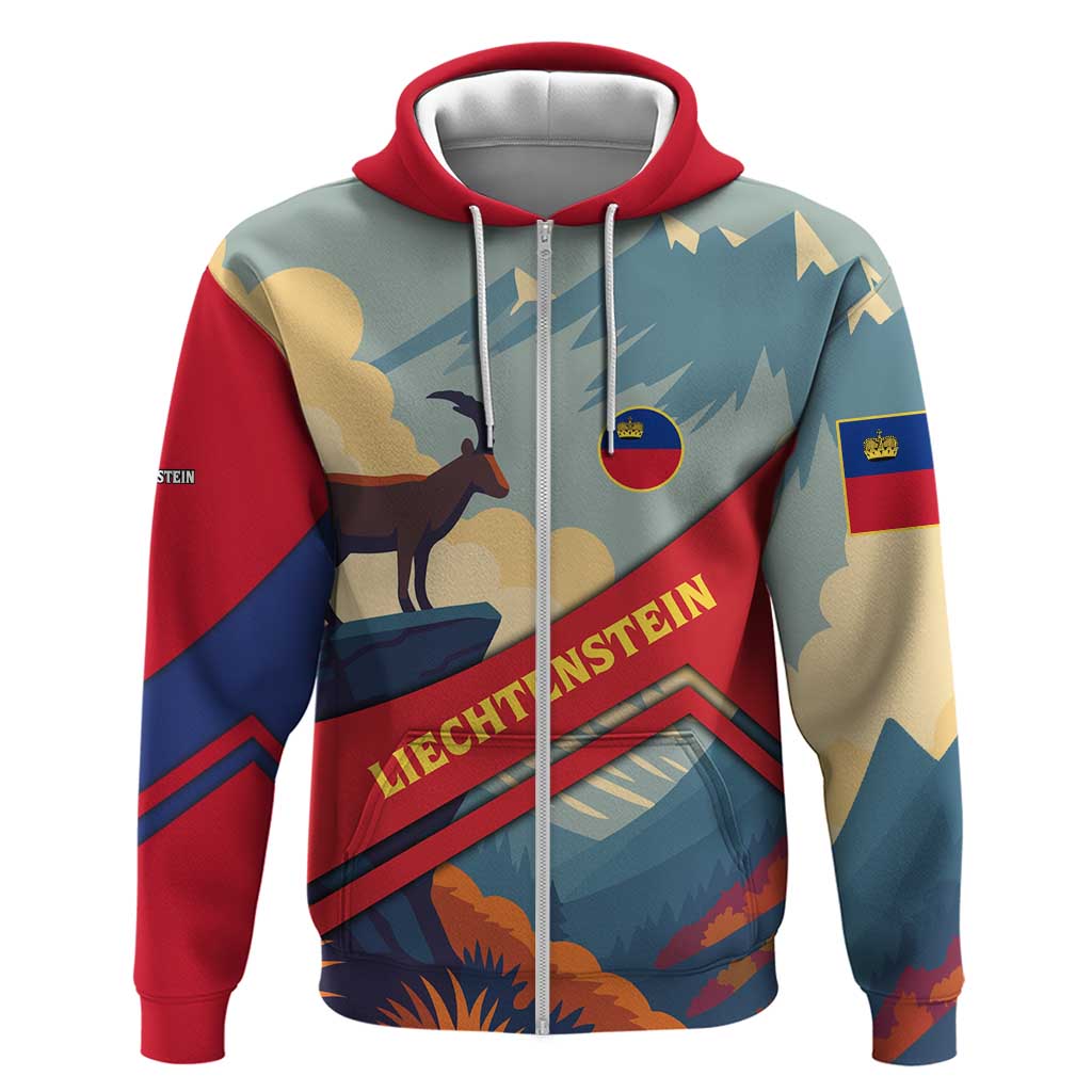 Liechtenstein Hoodie with Mountain Goat Landscape Design and Red Blue Alps - Wonder Print Shop