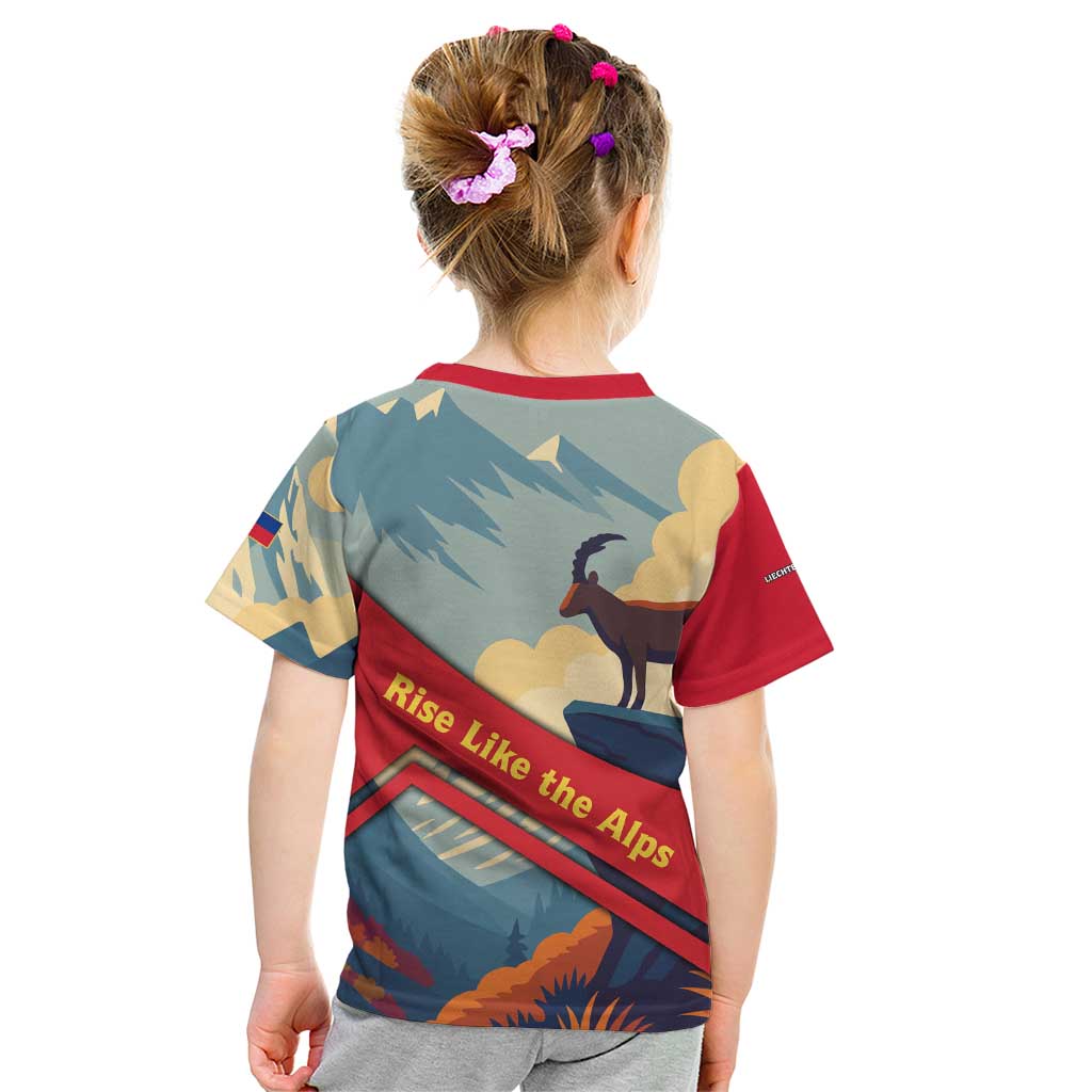 Liechtenstein Kid T Shirt with Mountain Goat Landscape Design and Red Blue Alps - Wonder Print Shop
