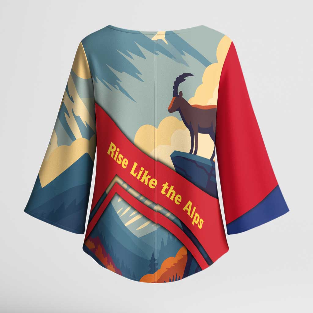 Liechtenstein Kimono Sleeve Blouse with Mountain Goat Landscape Design and Red Blue Alps - Wonder Print Shop