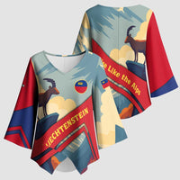 Liechtenstein Kimono Sleeve Blouse with Mountain Goat Landscape Design and Red Blue Alps - Wonder Print Shop
