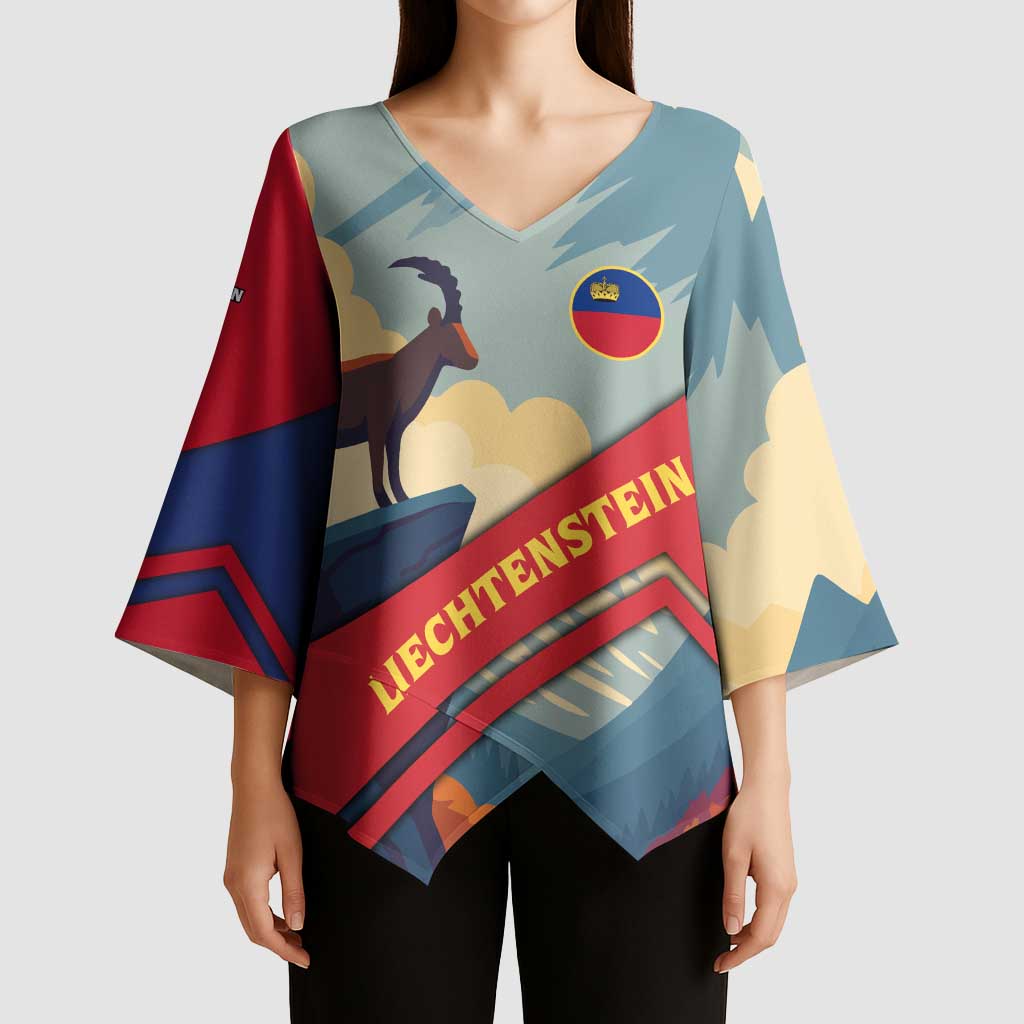 Liechtenstein Kimono Sleeve Blouse with Mountain Goat Landscape Design and Red Blue Alps - Wonder Print Shop