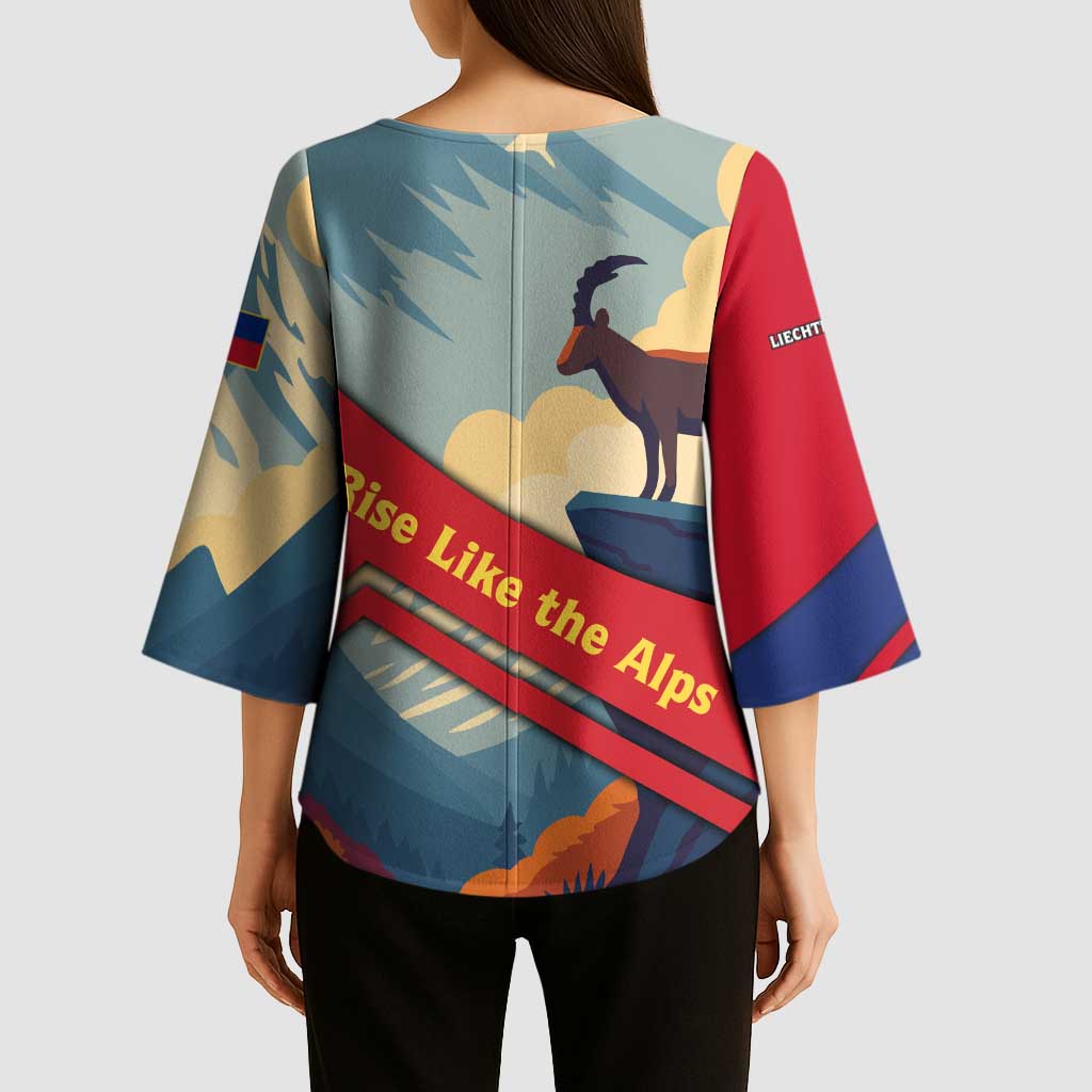 Liechtenstein Kimono Sleeve Blouse with Mountain Goat Landscape Design and Red Blue Alps - Wonder Print Shop