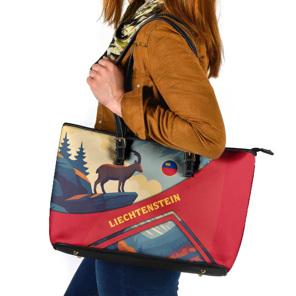 Liechtenstein Leather Tote Bag with Mountain Goat Landscape Design and Red Blue Alps - Wonder Print Shop