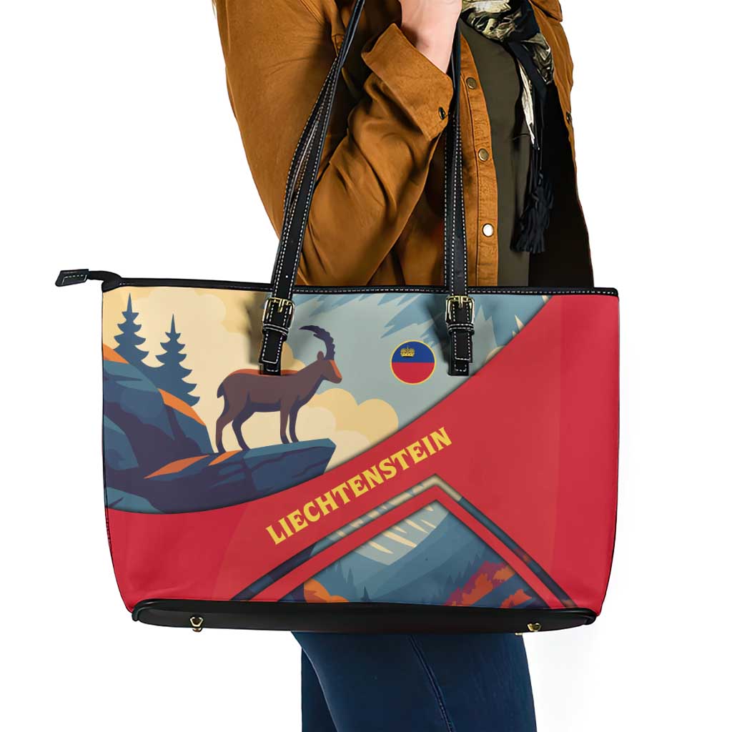 Liechtenstein Leather Tote Bag with Mountain Goat Landscape Design and Red Blue Alps - Wonder Print Shop