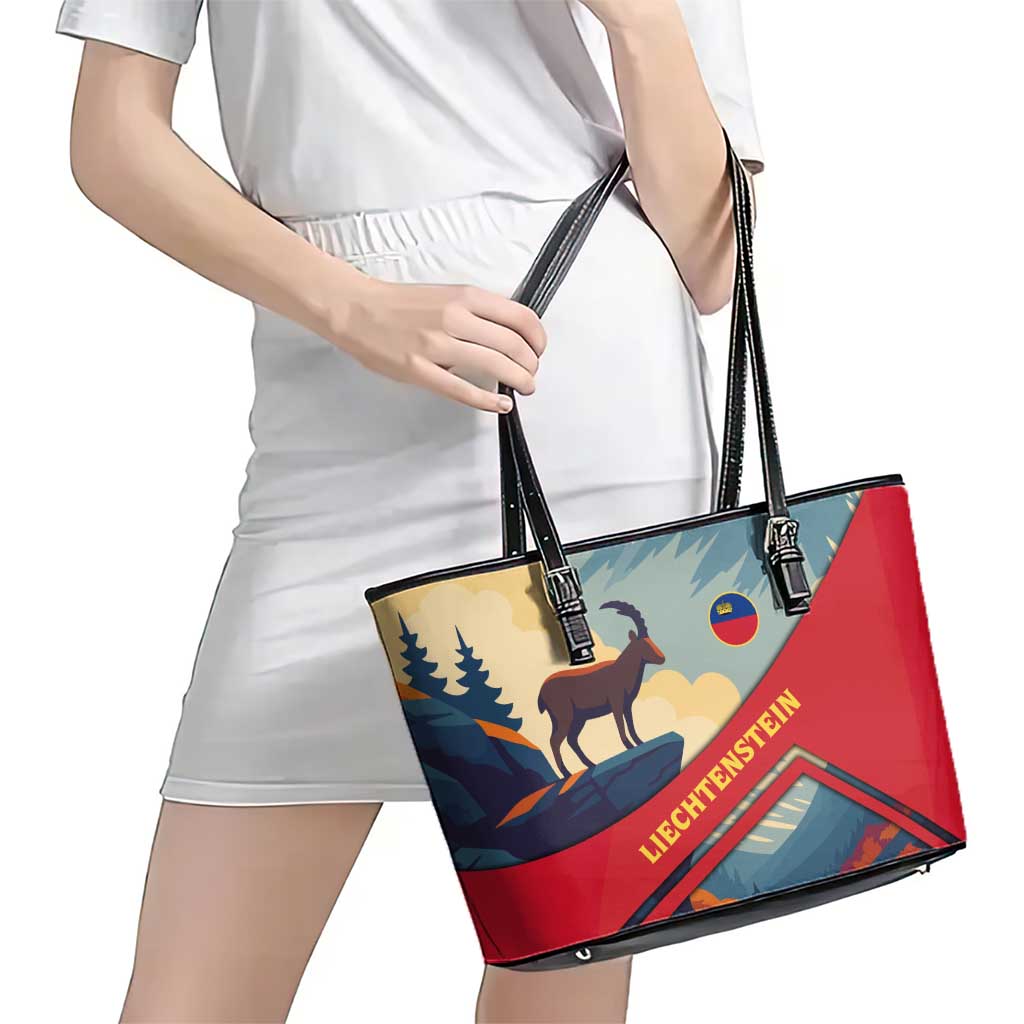 Liechtenstein Leather Tote Bag with Mountain Goat Landscape Design and Red Blue Alps - Wonder Print Shop
