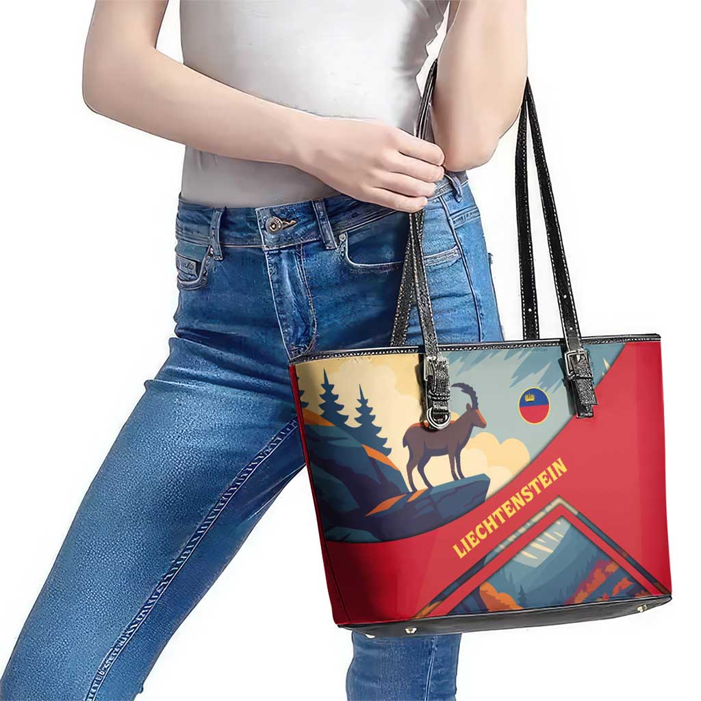 Liechtenstein Leather Tote Bag with Mountain Goat Landscape Design and Red Blue Alps - Wonder Print Shop