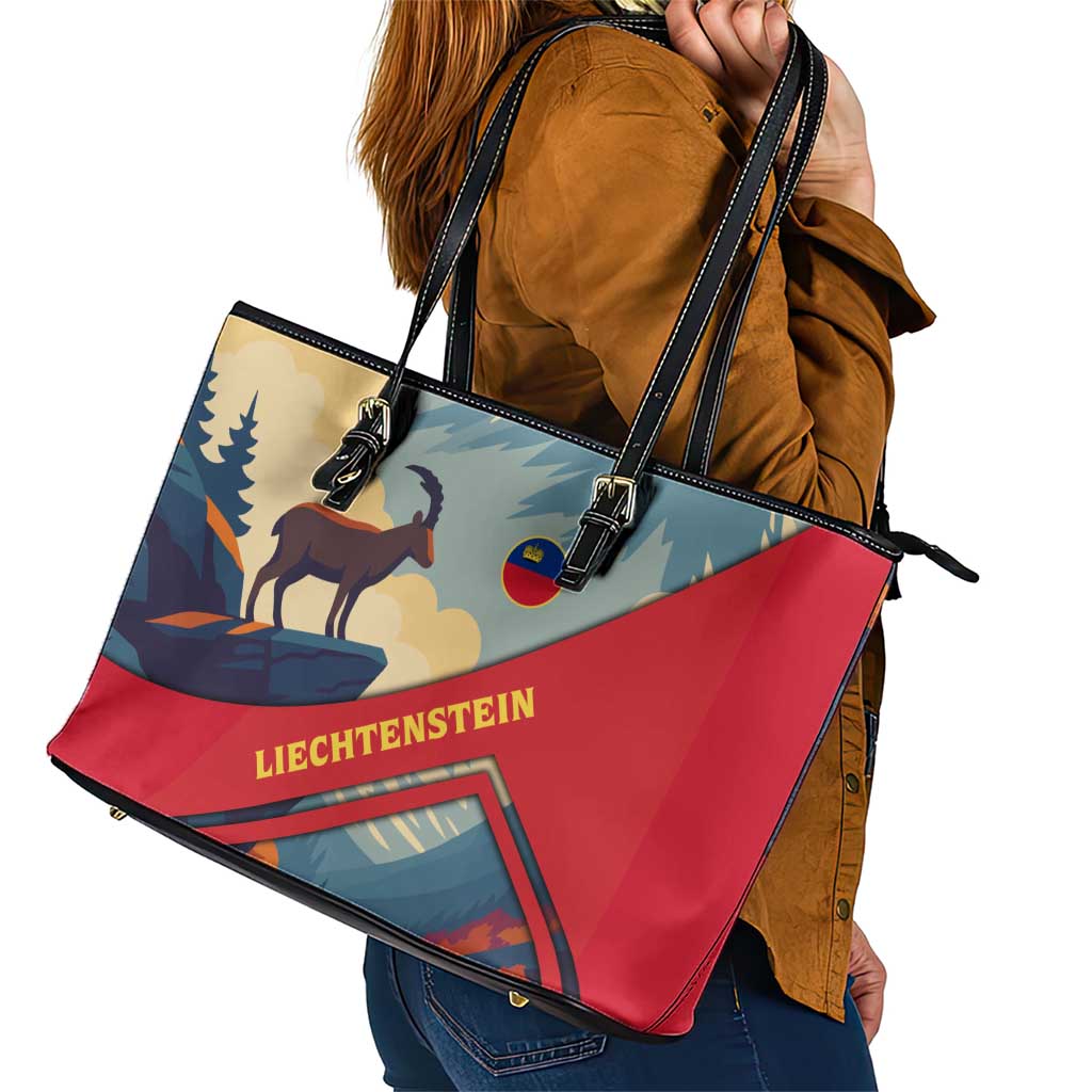 Liechtenstein Leather Tote Bag with Mountain Goat Landscape Design and Red Blue Alps - Wonder Print Shop