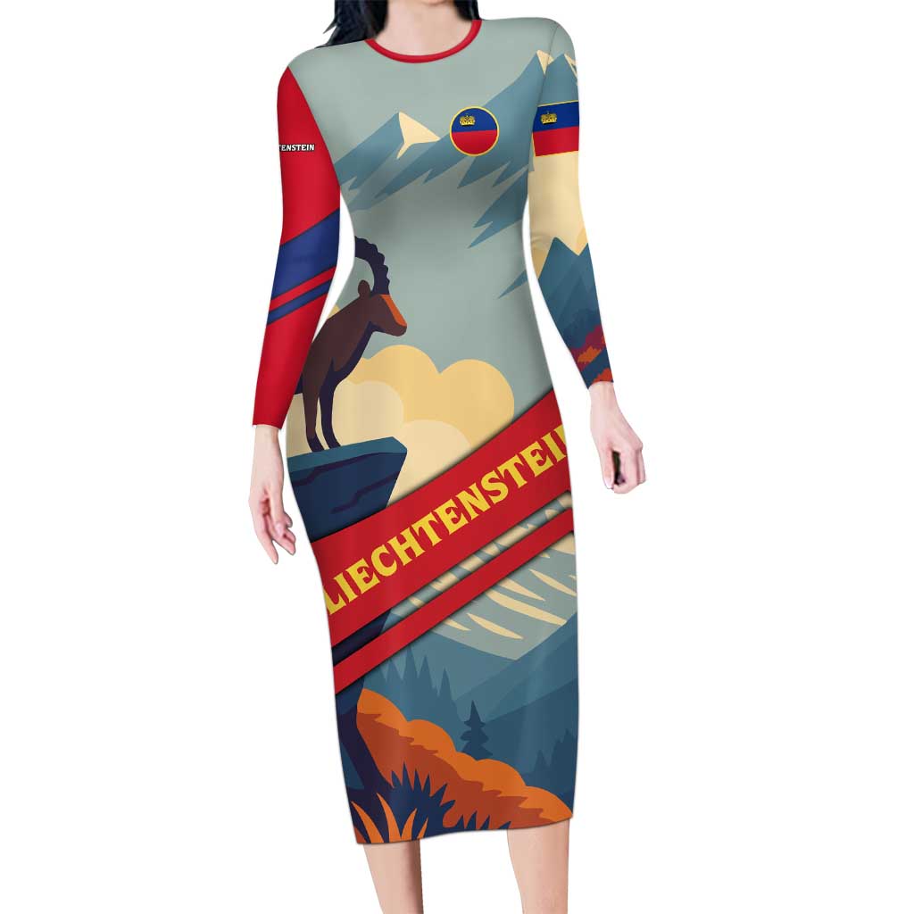 Liechtenstein Long Sleeve Bodycon Dress with Mountain Goat Landscape Design and Red Blue Alps - Wonder Print Shop