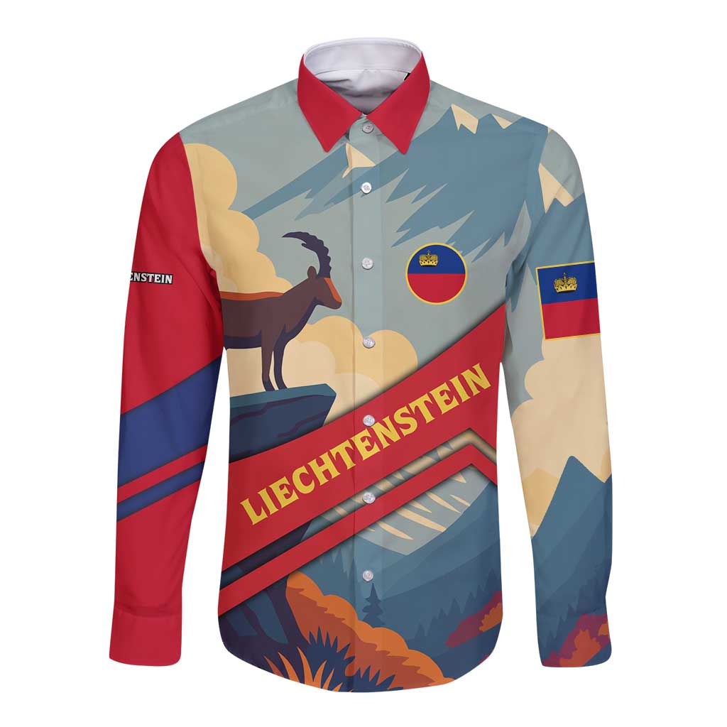 Liechtenstein Long Sleeve Button Shirt with Mountain Goat Landscape Design and Red Blue Alps - Wonder Print Shop
