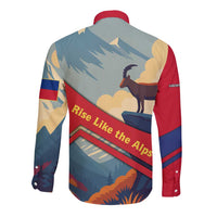 Liechtenstein Long Sleeve Button Shirt with Mountain Goat Landscape Design and Red Blue Alps - Wonder Print Shop