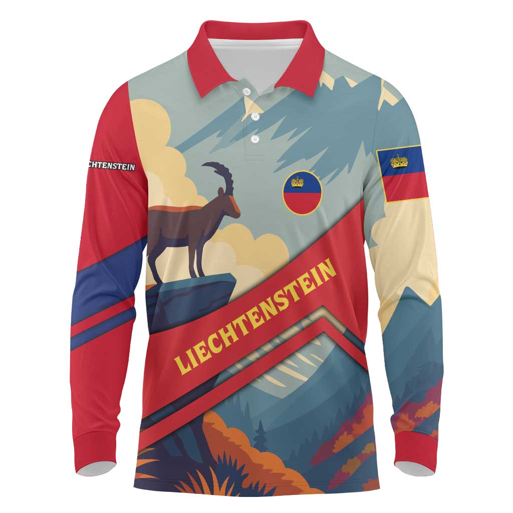 Liechtenstein Long Sleeve Polo Shirt with Mountain Goat Landscape Design and Red Blue Alps - Wonder Print Shop