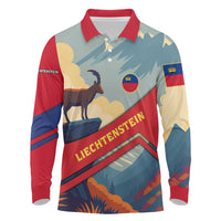 Liechtenstein Long Sleeve Polo Shirt with Mountain Goat Landscape Design and Red Blue Alps - Wonder Print Shop