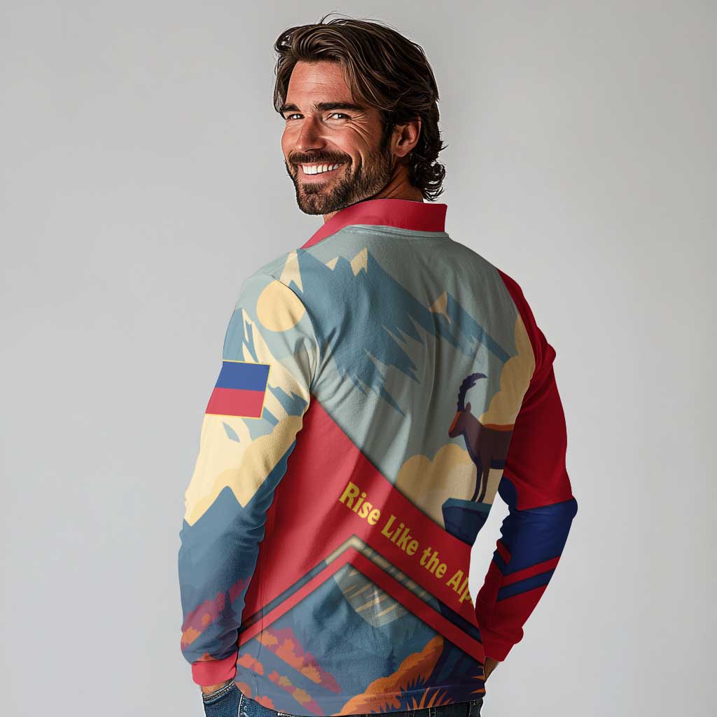 Liechtenstein Long Sleeve Polo Shirt with Mountain Goat Landscape Design and Red Blue Alps - Wonder Print Shop