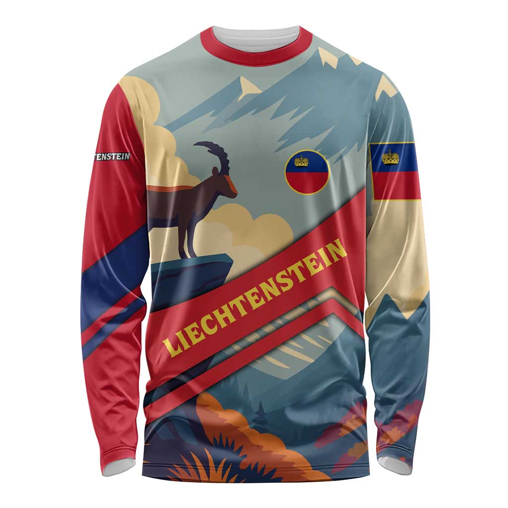 Liechtenstein Long Sleeve Shirt with Mountain Goat Landscape Design and Red Blue Alps - Wonder Print Shop