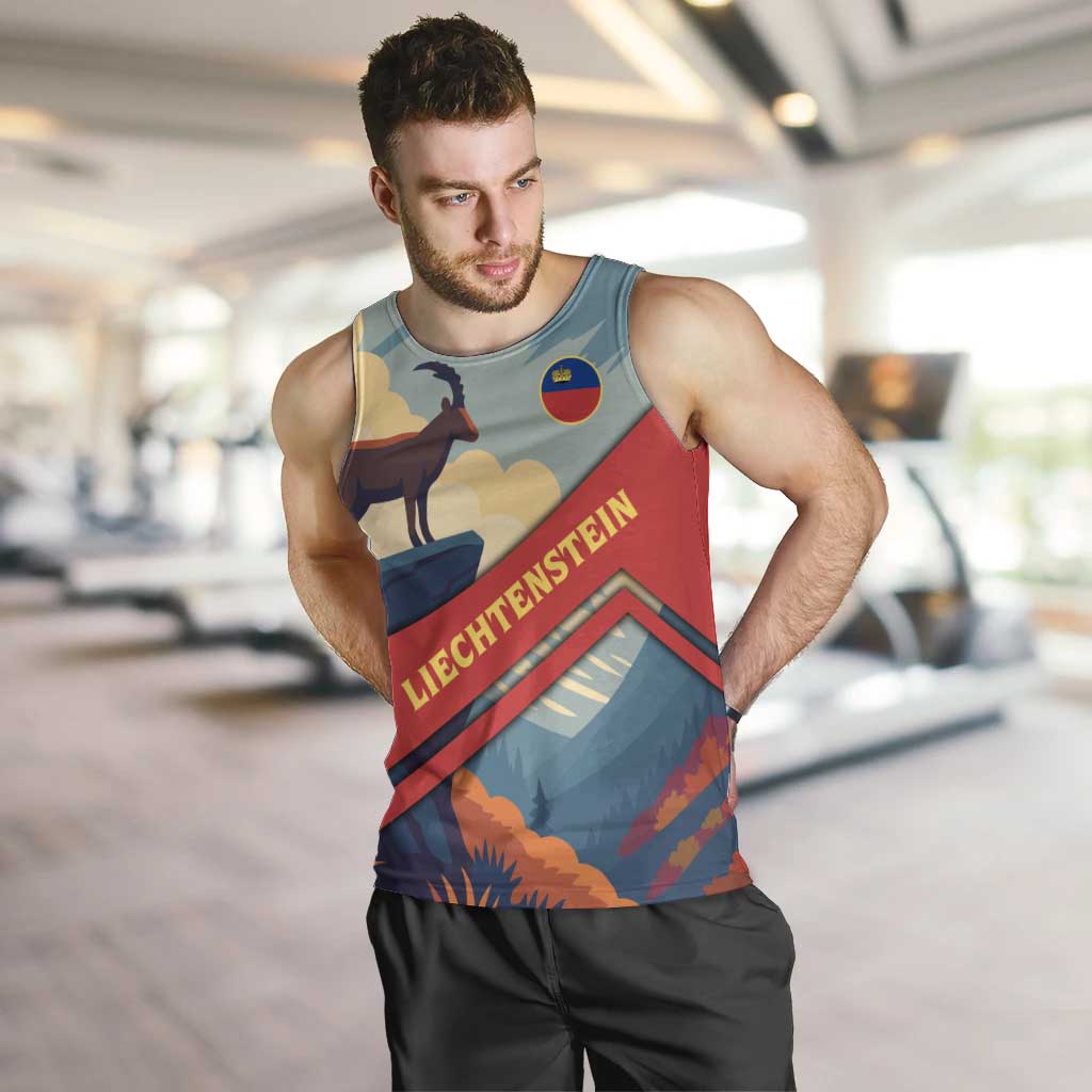 Liechtenstein Men Tank Top with Mountain Goat Landscape Design and Red Blue Alps - Wonder Print Shop