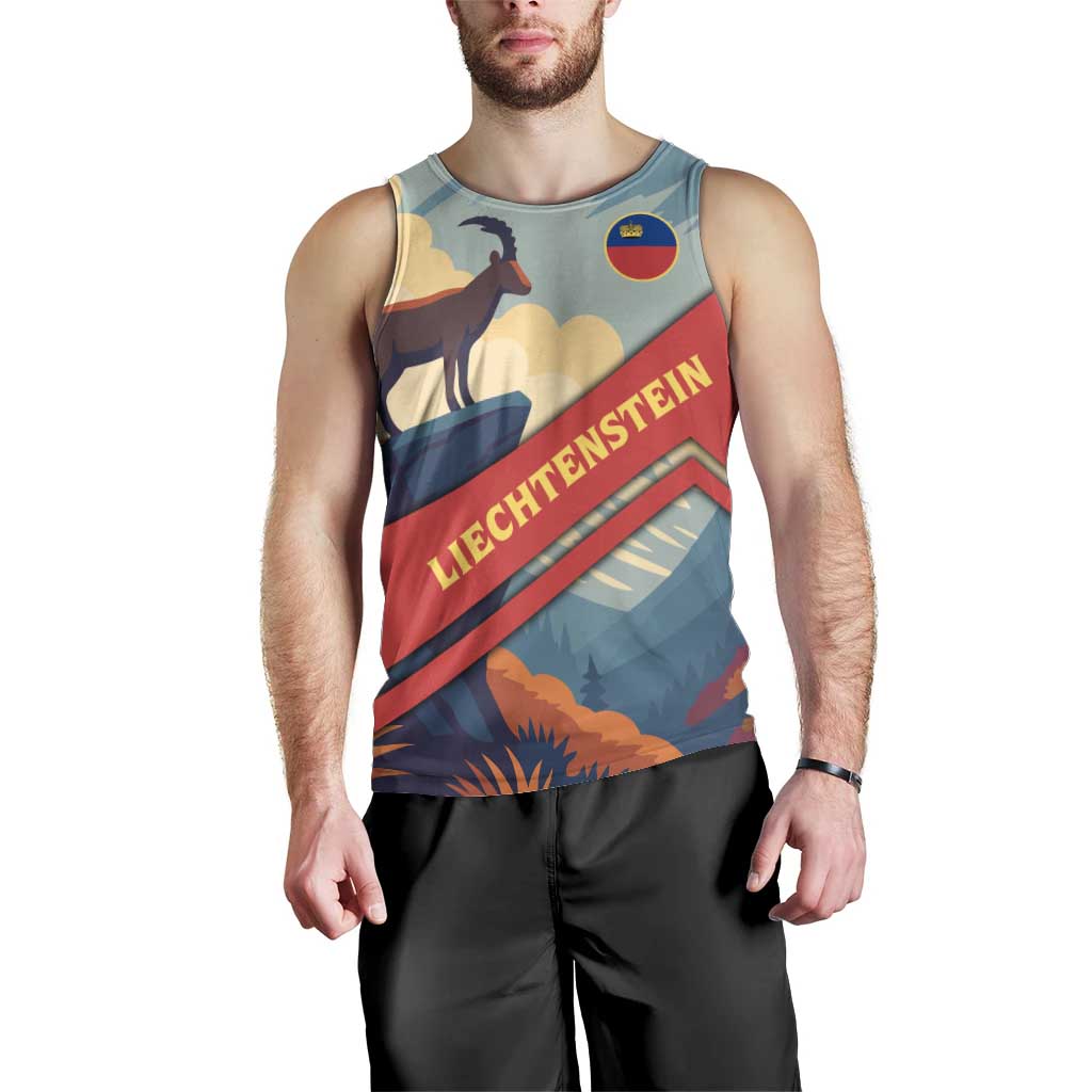 Liechtenstein Men Tank Top with Mountain Goat Landscape Design and Red Blue Alps - Wonder Print Shop