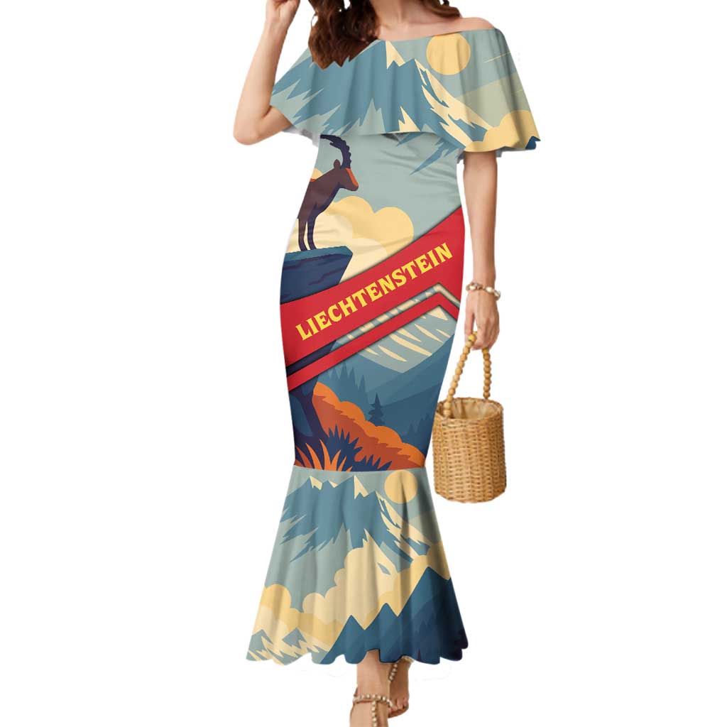 Liechtenstein Mermaid Dress with Mountain Goat Landscape Design and Red Blue Alps - Wonder Print Shop
