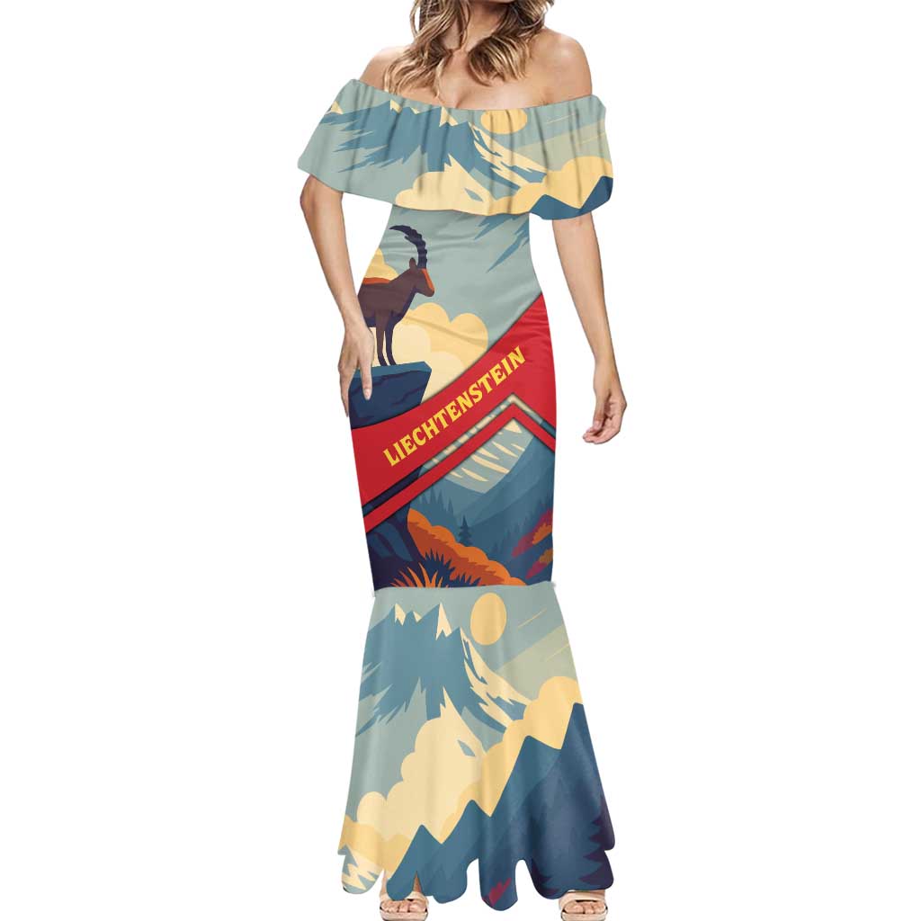 Liechtenstein Mermaid Dress with Mountain Goat Landscape Design and Red Blue Alps - Wonder Print Shop